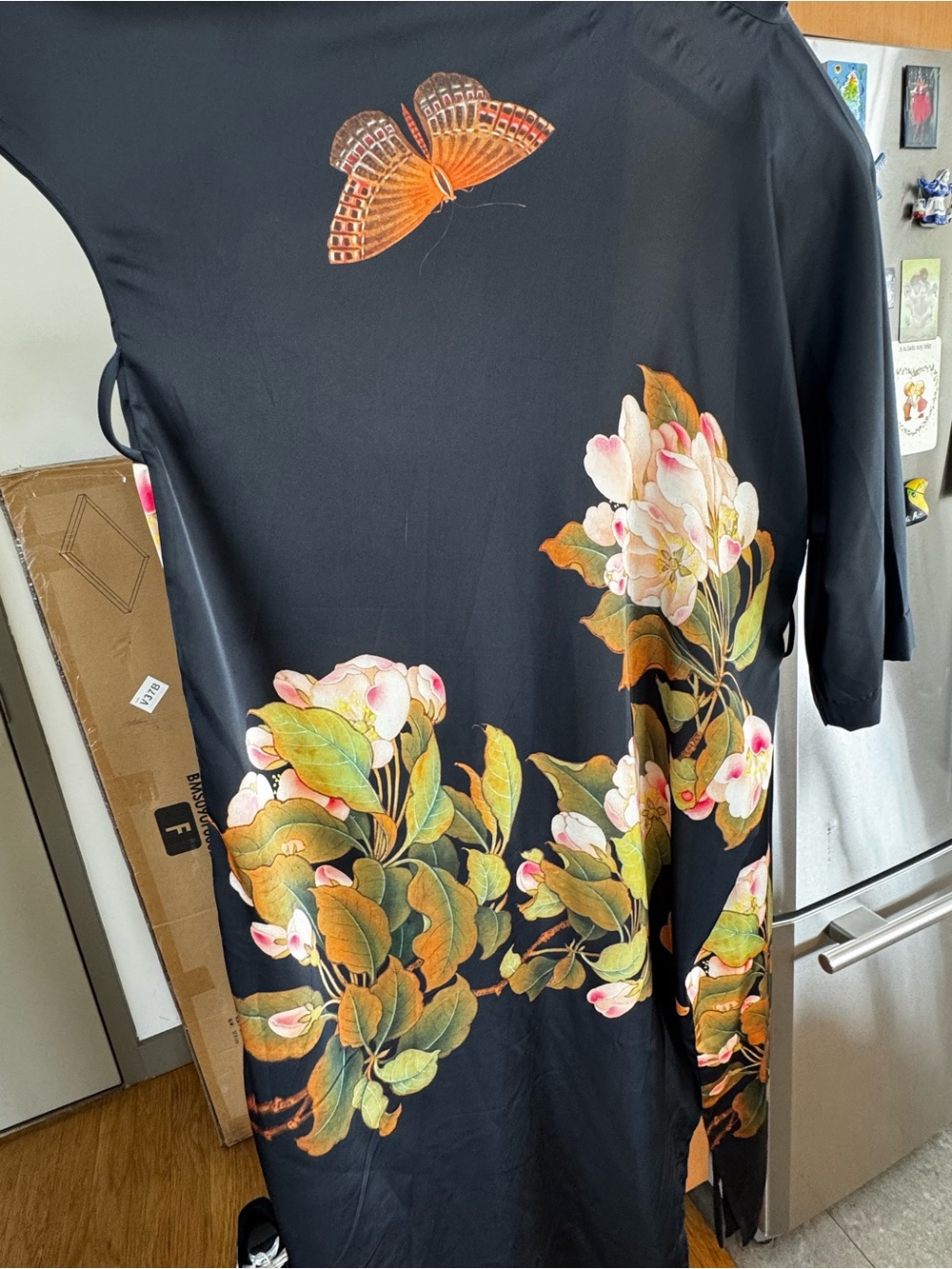 Black Peony Satin Kimono Robe with Butterfly Accents - Picture 3 of 6
